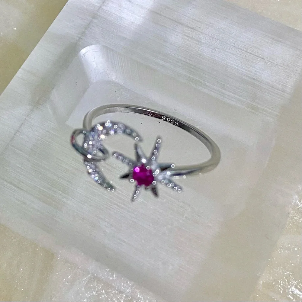 Sterling Silver and Pink Star and Moon Ring
